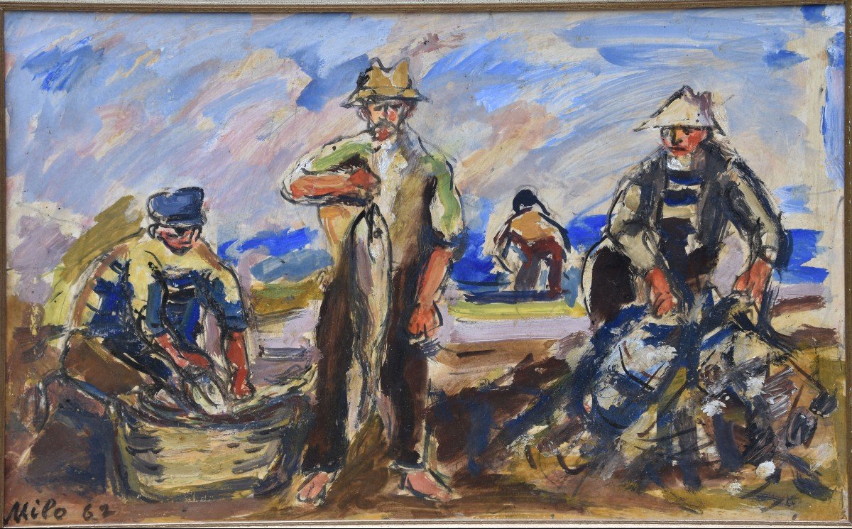 Jean Milo "the Fishermen" 1962 Oil On Paper 32x50-photo-4